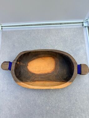 Hand-Carved Wooden Bowl / Trinket Tray with Blue Beaded Handles